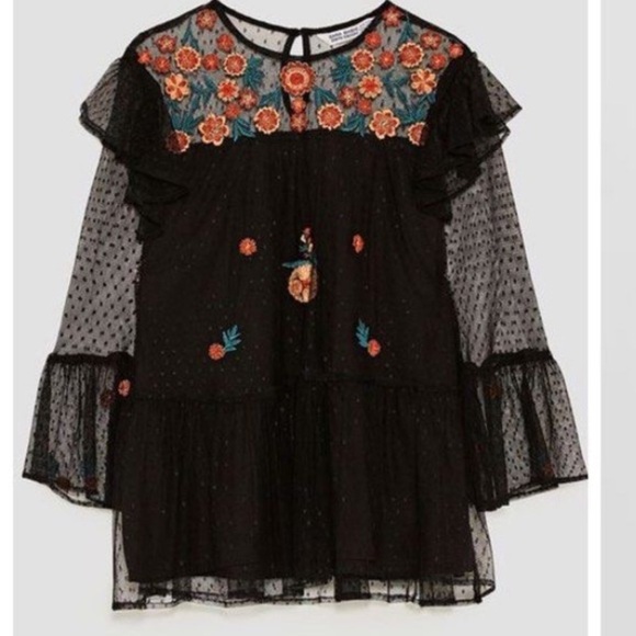 ZARA Basic Original black tulle embroidered top Sz Small Women - Picture 5 of 8